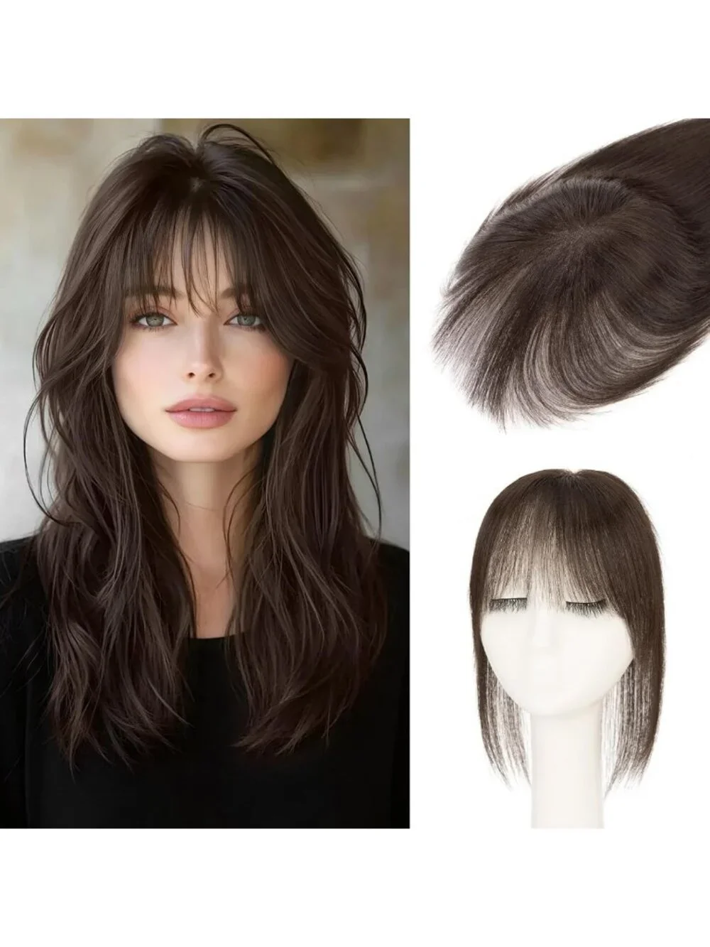 360° 3D Human Hair Topper - Ultra Thin Clip-In Bangs for Thinning Gray Hair, 12
